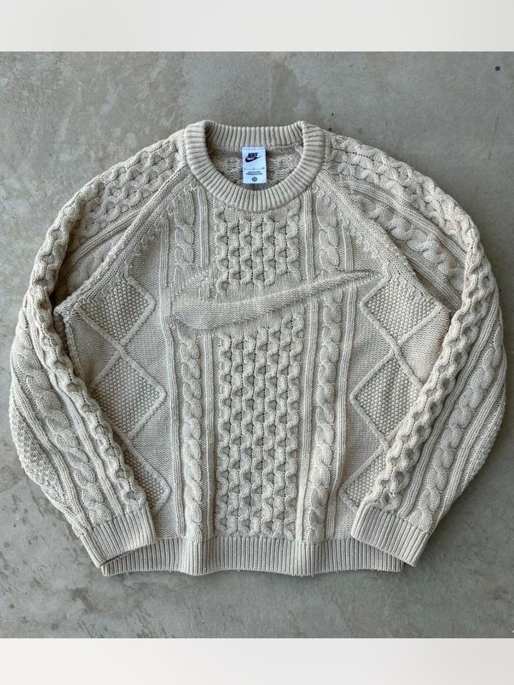 Retro Style Y2K Nike Cream Cable Knit Crewneck Sweater